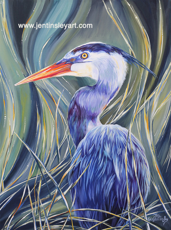Blue heron acrylic painting in profile view with long grasses.
